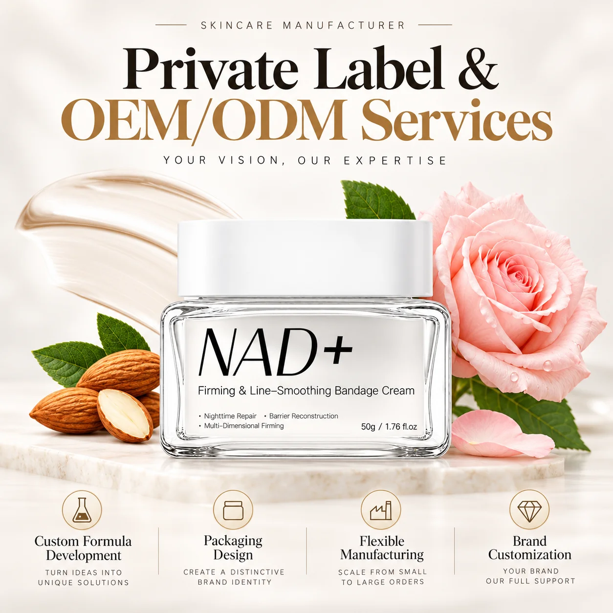 Jar of NAD+ firming cream surrounded by a rose, almonds, and skincare text promoting private label OEM/ODM services.